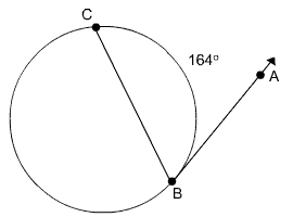 Circle with point C and B on the circle, point A outside the circle, tangent line AB and chord CB, arc CB measures 164 degrees